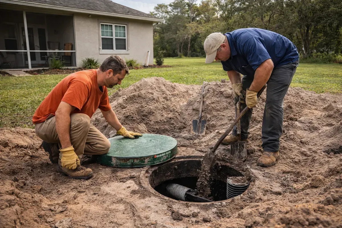 Septic tank repair in Ocala Florida with technicians servicing residential system