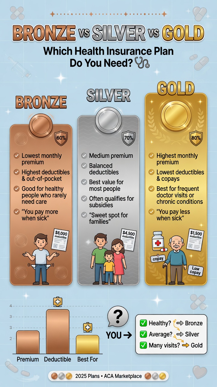 Atlanta resident comparing Bronze, Silver, and Gold marketplace plans for 2026 at a kitchen table