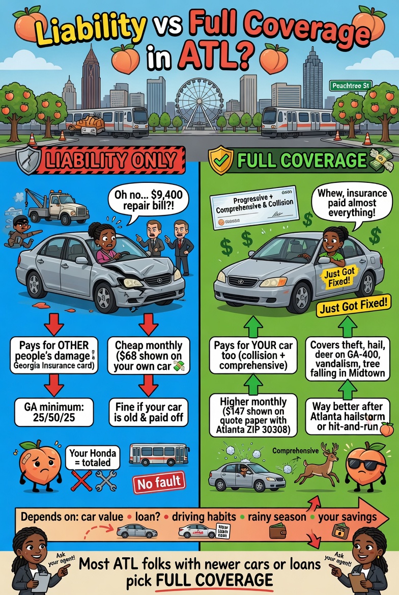 Atlanta driver comparing liability-only vs full coverage auto insurance quotes for 2026