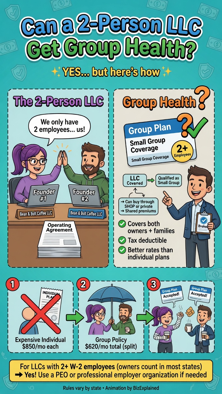 Can a 2-Person LLC Get Group Health? Cartoon founders, broker explaining small group coverage for 2+ employees, and a cost comparison showing individual plans at $850/month versus a $620/month group policy split between owners.