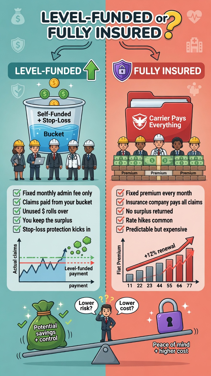 Infographic comparing level-funded and fully insured group health plans: level-funded shows a self-funded bucket with stop-loss protection, claims paid from your bucket, and surplus rollover; fully insured shows the carrier paying all claims with a flat premium and 12% renewal increases.