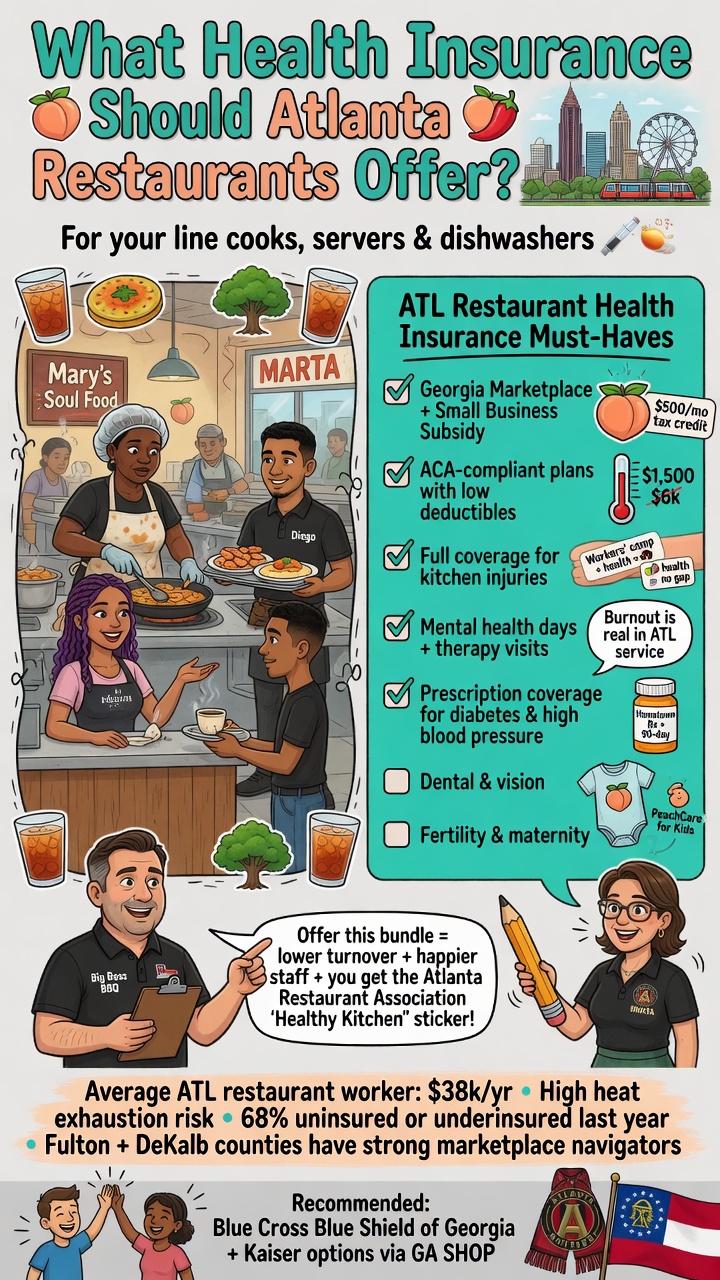 Infographic titled "What Health Insurance Should Atlanta Restaurants Offer?" with a checklist of must-haves including ACA-compliant plans, kitchen injury coverage, mental health, and prescriptions, plus a restaurant scene with Atlanta skyline, average wage stats, and Blue Cross Blue Shield + Kaiser recommendations.