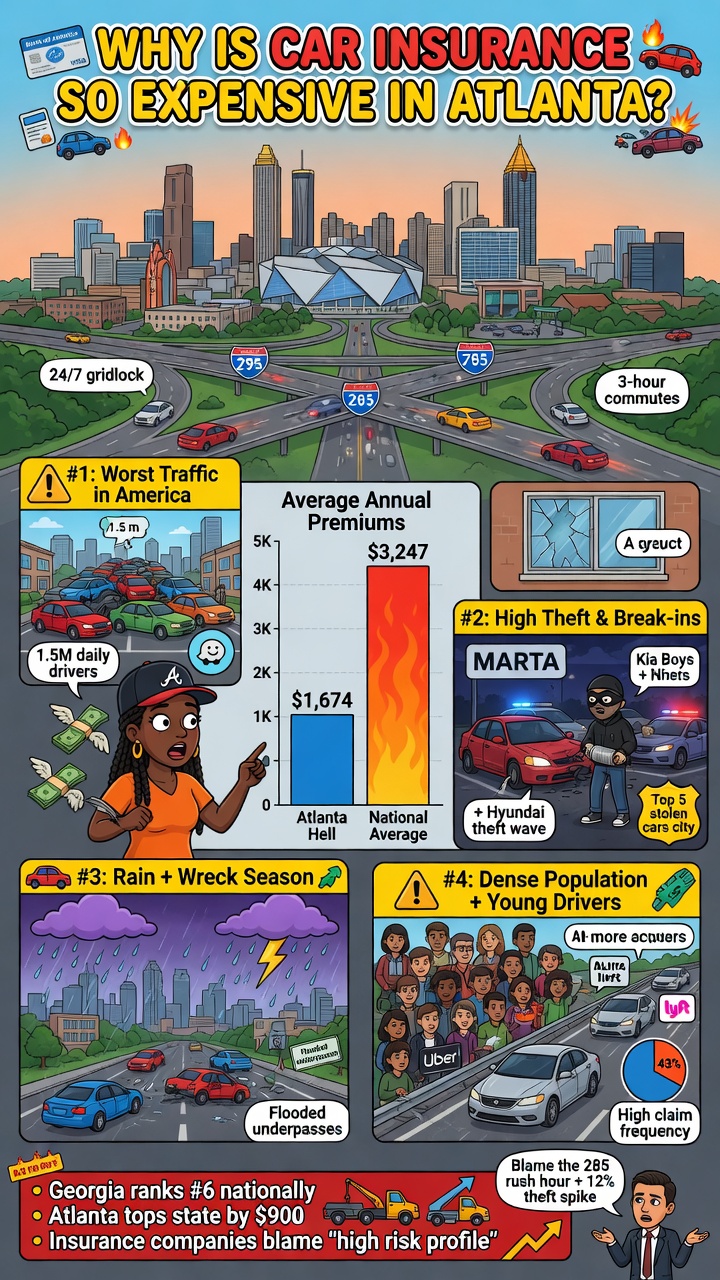 Infographic titled "Why Is Car Insurance So Expensive in Atlanta?" with Atlanta skyline and freeway interchange, four numbered panels covering traffic, theft, rain, and population factors, plus a bar chart comparing Atlanta and national premiums.