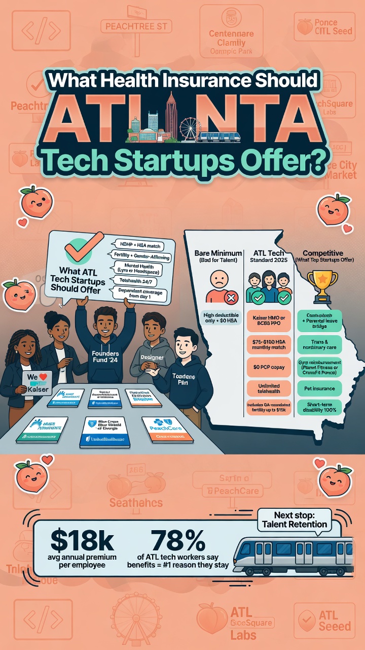 Infographic titled "What Health Insurance Should Atlanta Tech Startups Offer?" with a feature checklist, a 3-column comparison of bare minimum/standard/competitive benefits in a Georgia state outline, carrier logo badges, and stats showing $18K average annual premium per employee and 78% of tech workers citing benefits as their #1 retention reason.
