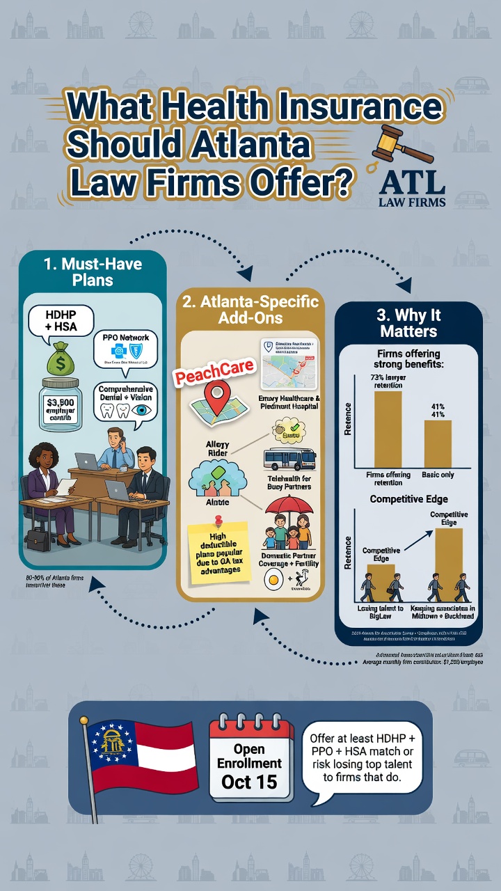 Infographic titled "What Health Insurance Should Atlanta Law Firms Offer?" with three numbered panels covering must-have plans (HDHP + HSA + PPO Network), Atlanta-specific add-ons (Emory and Piedmont networks, telehealth, domestic partner coverage), and a "why it matters" section with retention and competitive edge bar charts, plus an Open Enrollment Oct 15 callout banner.