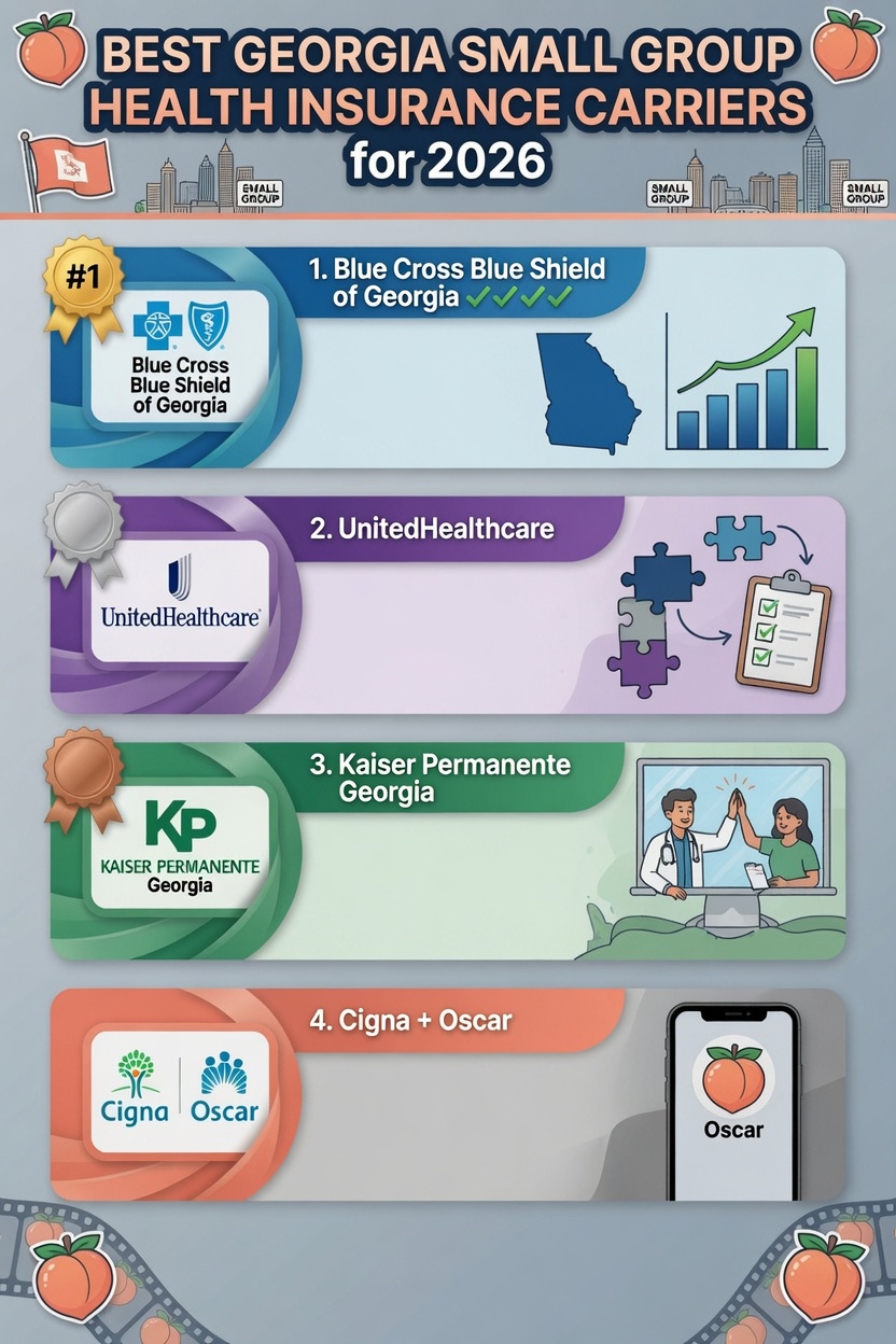 Top Georgia small group health insurance carriers for 2026: BCBS GA, UnitedHealthcare, Kaiser Permanente Georgia, Cigna + Oscar