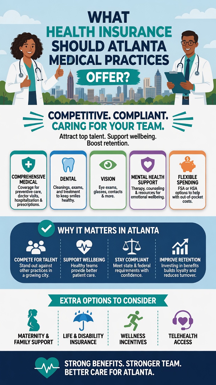 Atlanta medical practice health insurance benefits overview — medical, dental, vision, mental health coverage plus maternity and wellness options