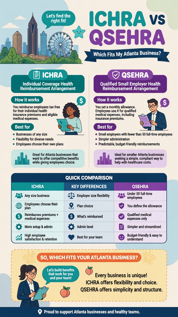 ICHRA vs QSEHRA side-by-side comparison for Atlanta small businesses — how each works, who it fits, and key differences