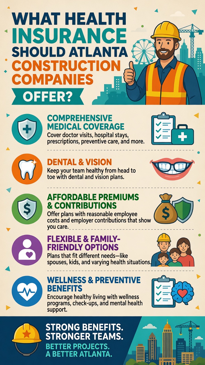 Construction company health insurance benefits in Atlanta — comprehensive medical, dental, vision, family-friendly plans, and wellness support