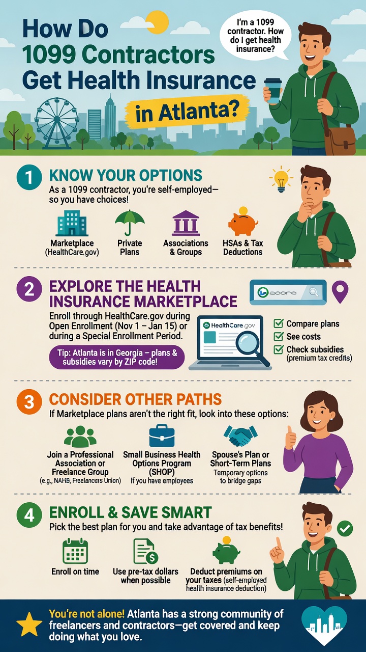 Atlanta 1099 contractor health insurance steps — know your options, explore marketplace, consider other paths, enroll and save smart