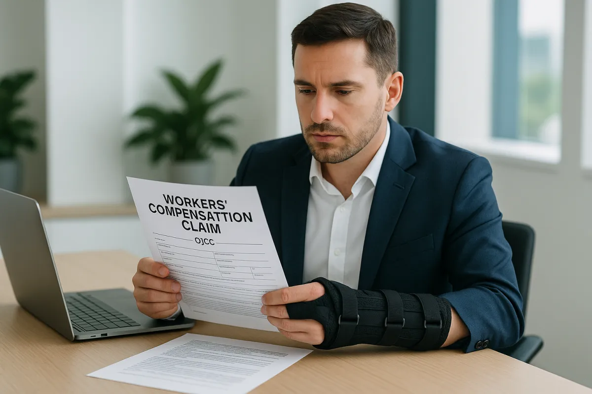: “Injured Florida employee filling out a workers' compensation claim form without an attorney, reviewing documents at a desk.”