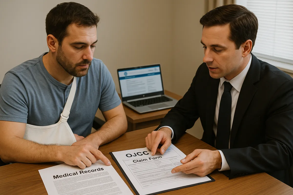 “Injured worker meeting with legal advisor to review OJCC claim documents and workers' compensation paperwork.”