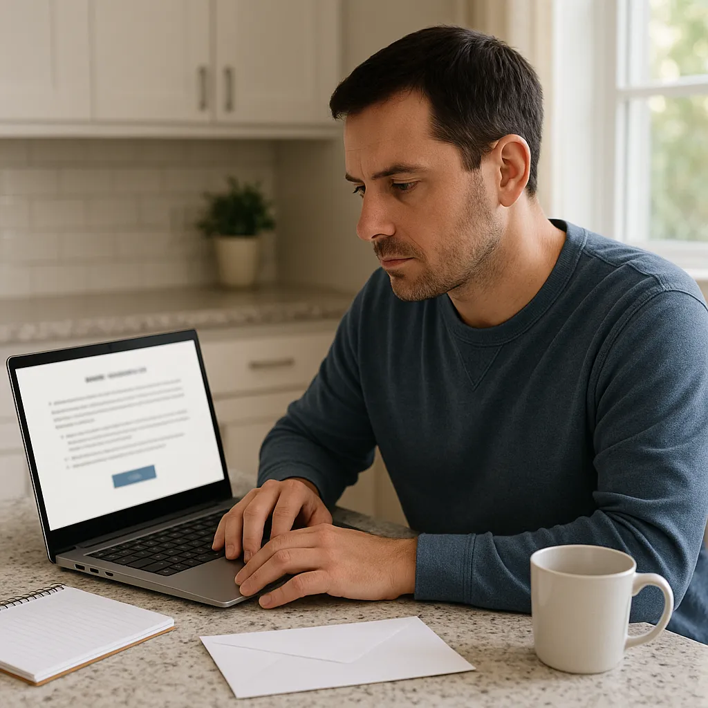 "Injured worker at home checking the status of a Florida workers’ compensation claim on the OJCC portal using a laptop."