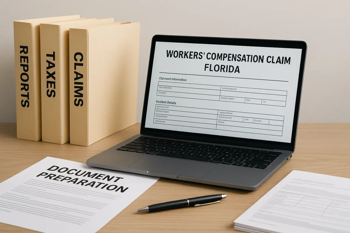 Organized desk with workers’ compensation forms, digital filing on laptop, and labeled documents for OJCC submission in Florida