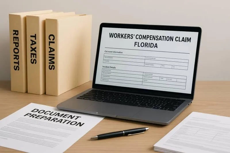 Organized desk with workers’ compensation forms, digital filing on laptop, and labeled documents for OJCC submission in Florida