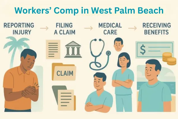 Horizontal infographic showing four stages of workers’ compensation in Palm Beach: reporting injury, filing a claim, medical care, and receiving benefits. Includes diverse workers, legal and medical icons, tropical colors, palm trees, labeled arrows, and clear, easy-to-read text for educational use.