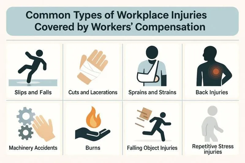 Infographic showing flat icons for common workplace injuries: slip and fall, cut, sprain, back injury, machinery accident, burn, falling objects, hearing loss, and repetitive stress injury. Labeled in modern text with a minimalist, airy layout and pastel background.