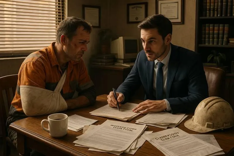 In a small law office, a wounded construction worker consults a focused workers’ compensation attorney over scattered claim forms and documents, sunlight streaming through blinds. The scene emphasizes trust, legal expertise, and the personal stakes of choosing the right workers’ comp attorney.