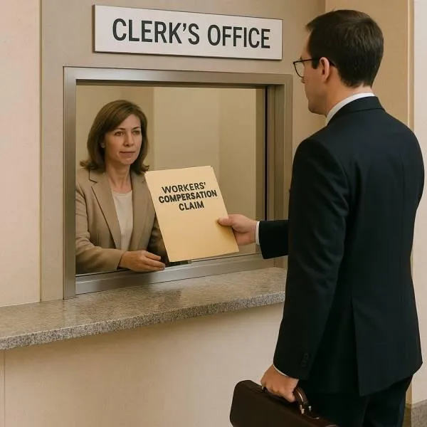 : “Injured Florida employee filling out a workers' compensation claim form without an attorney, reviewing documents at a desk.”