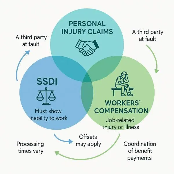 "Educational infographic showing overlap between SSDI, personal injury, and workers’ comp with color-coded sections, icons, arrows, and annotations explaining processes and coordination."