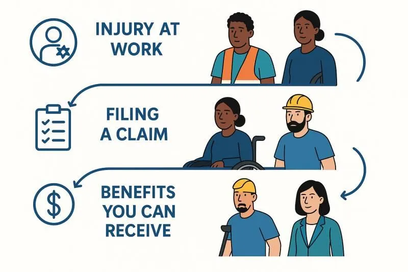 "Minimalist infographic featuring diverse Stuart workers and four labeled sections— Injury at Work, Filing a Claim, Benefits You Can Receive, and Return to Work—connected by curved arrows, with clear icons and blue and teal accents on a white background."