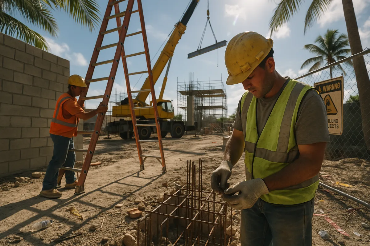 Active Palm Beach construction site showing workers near exposed rebar, uneven debris-strewn ground, and a crane lifting steel. Warning signs, scattered hazards, and humid weather highlight daily risks for construction workers under Florida’s bright sun.