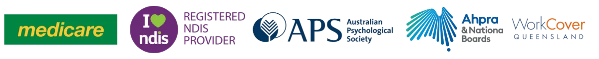 Accredited Partners: Medicare, NDIS Registered Provider, Australian Psychological Society (APS), AHPRA, and WorkCover Queensland