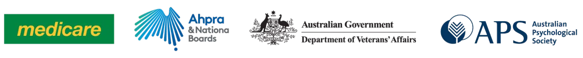 Medicare, AHPRA and National Boards, Australian Government Department of Veterans’ Affairs, and Australian Psychological Society logos
