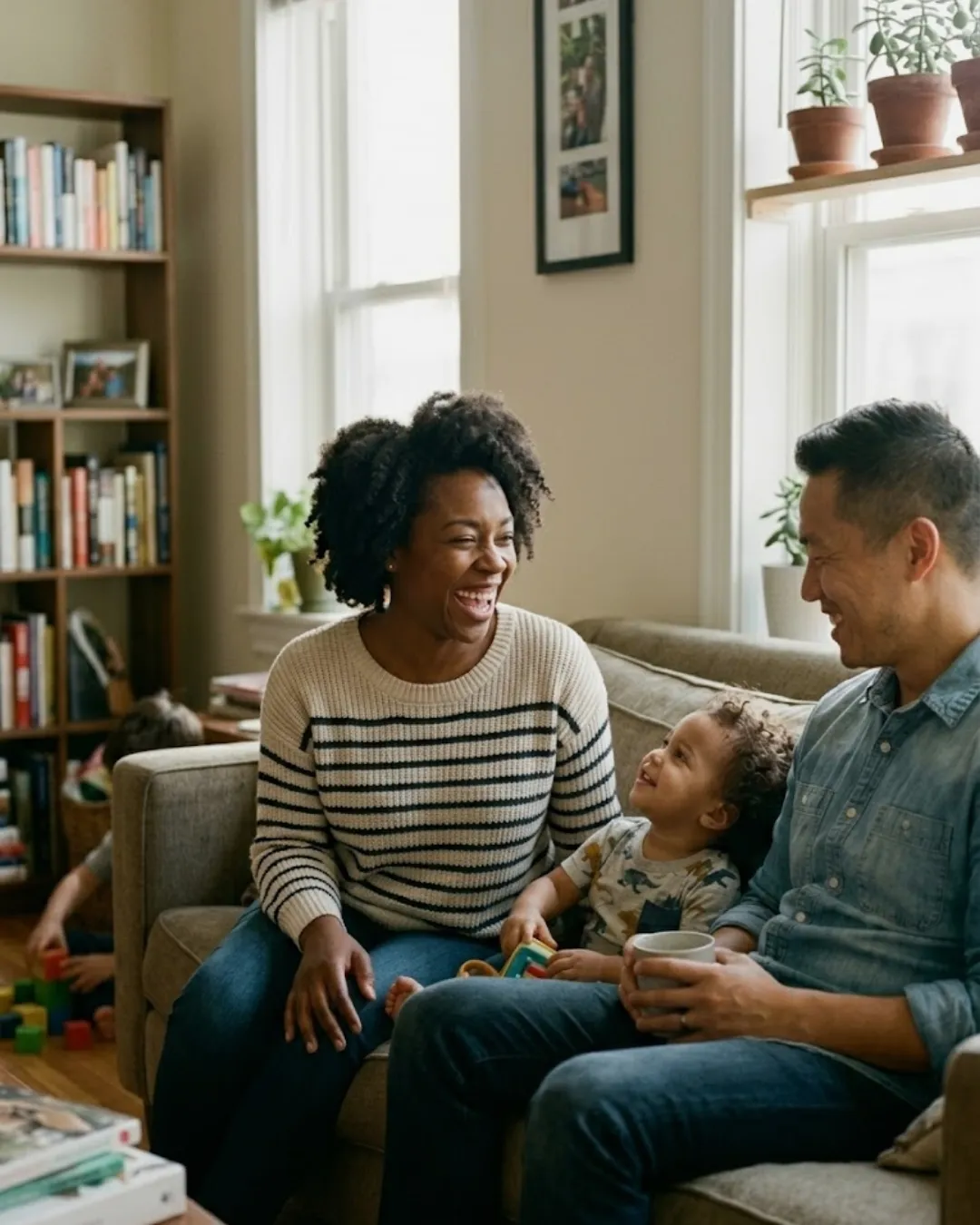 "Family celebrating a home sale and moving into their new home"