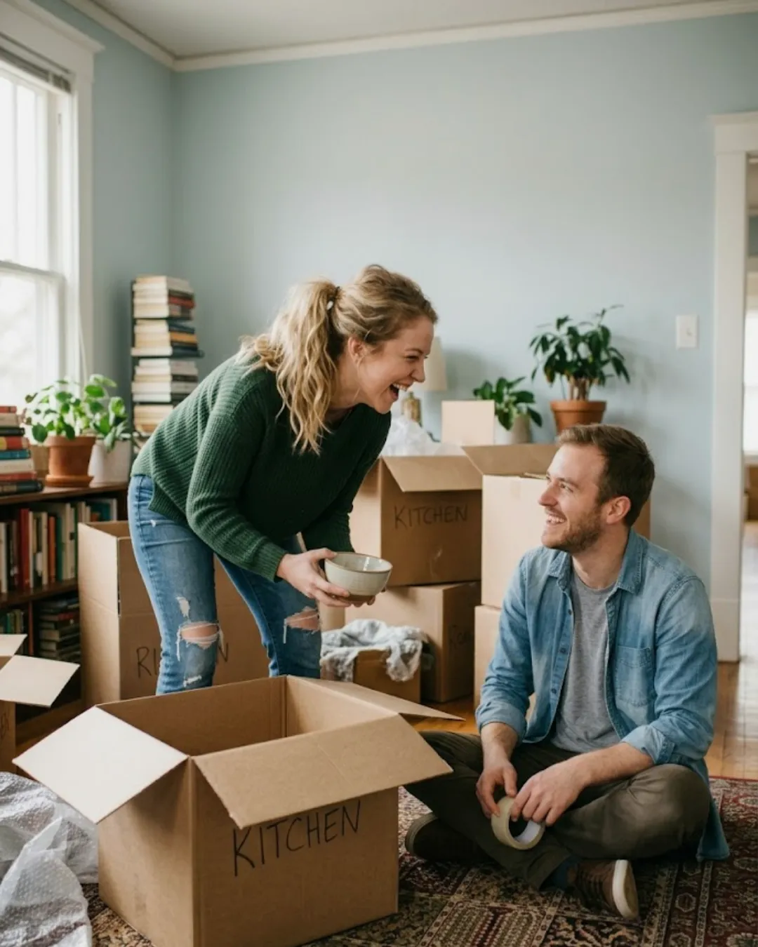 "couple unpacking boxes"