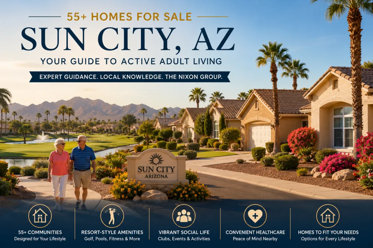 Active adult community in Sun City, Arizona featuring 55+ homes, palm trees, mountain views, golf course scenery, and residents enjoying a vibrant retirement lifestyle with resort-style amenities and nearby healthcare services.