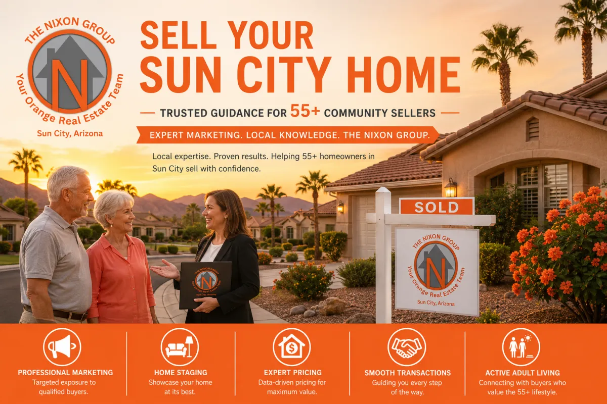 Sun City, Arizona home in a 55+ community featuring well-maintained landscaping and an inviting exterior, representing trusted guidance for active adult homeowners selling their retirement homes.
