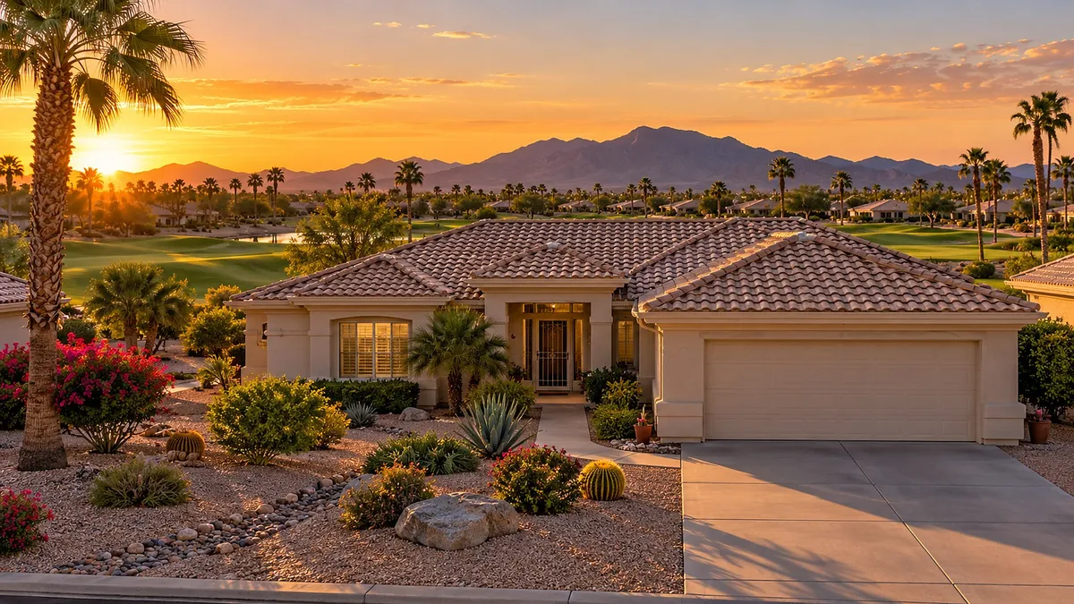 Single-level desert home with a tile roof and golf course views at sunset in Sun City West, Arizona