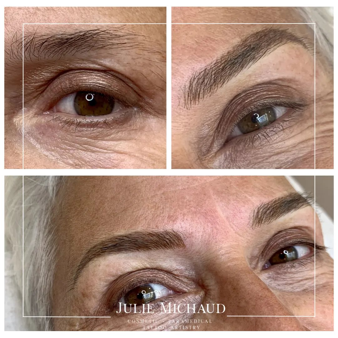 Before and after nano hairstroke cosmetic tattooing brows showing realistic hair-like strokes and natural brow enhancement.