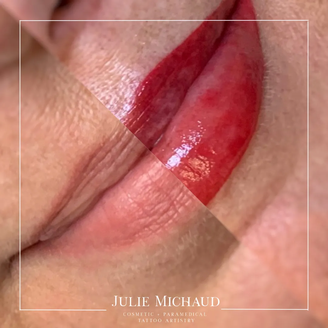 Before and after lip blush cosmetic tattooing (PMU) showing enhanced natural lip color and improved definition.