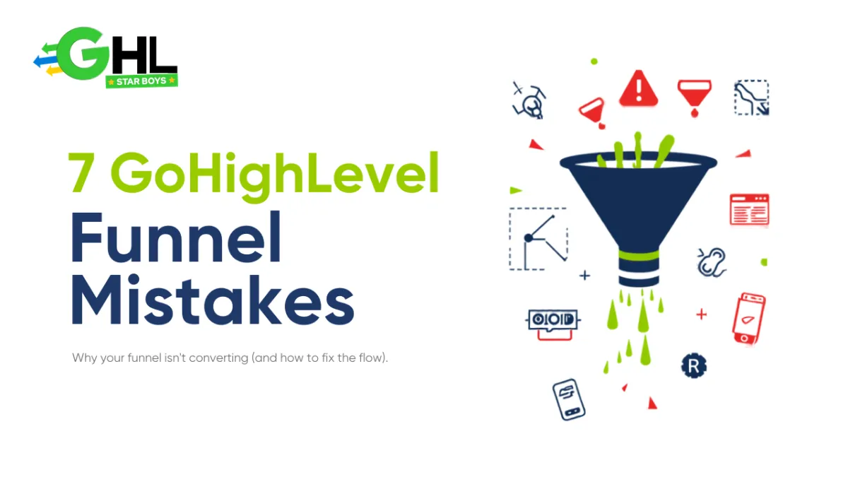 7 GoHighLevel funnel mistakes killing conversions, shown as a leaking funnel