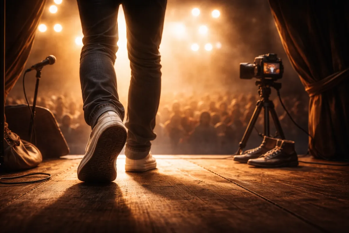Person stepping forward onto a stage toward a microphone and camera, symbolizing stepping into authentic presence.
