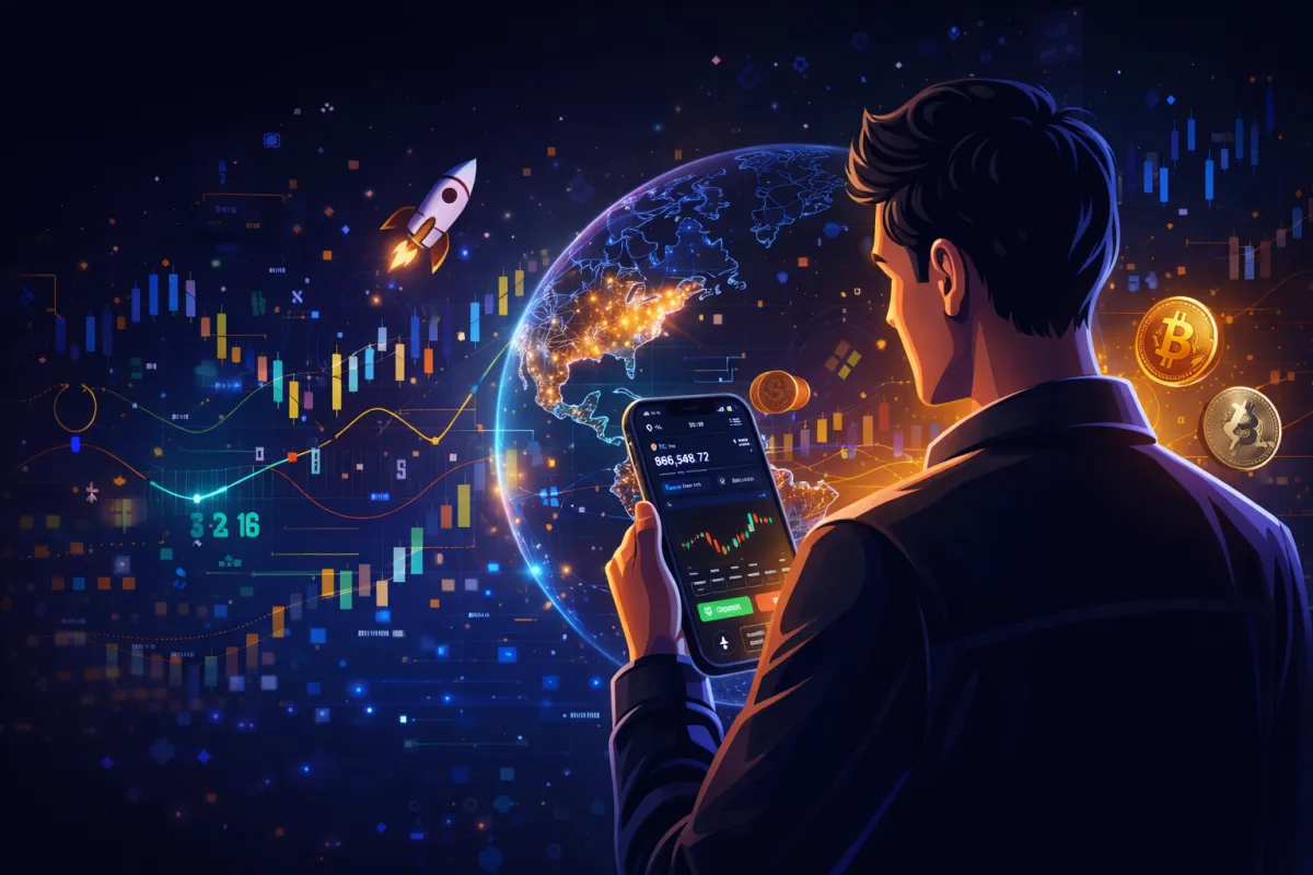 Illustration of a trader using a mobile crypto trading app with global market charts, representing OKX trading platform and cryptocurrency investing in the USA.