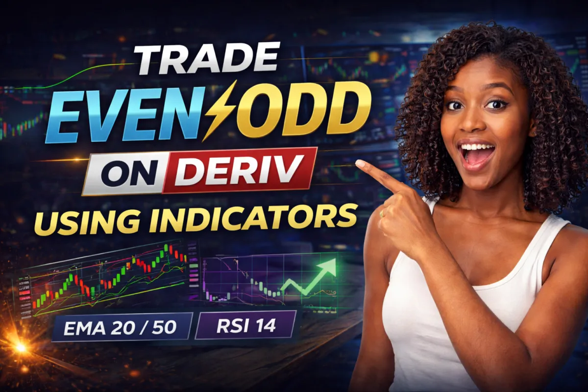 African female trader pointing at “Trade Even/Odd on Deriv Using Indicators” with EMA 20/50 and RSI 14 chart displayed in background.