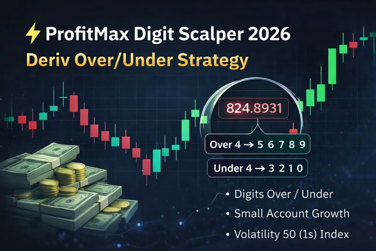 ProfitMax Digit Scalper 2026 Deriv Over Under strategy illustration showing digit prediction example and Volatility 50 (1s) trading chart for small account growth.