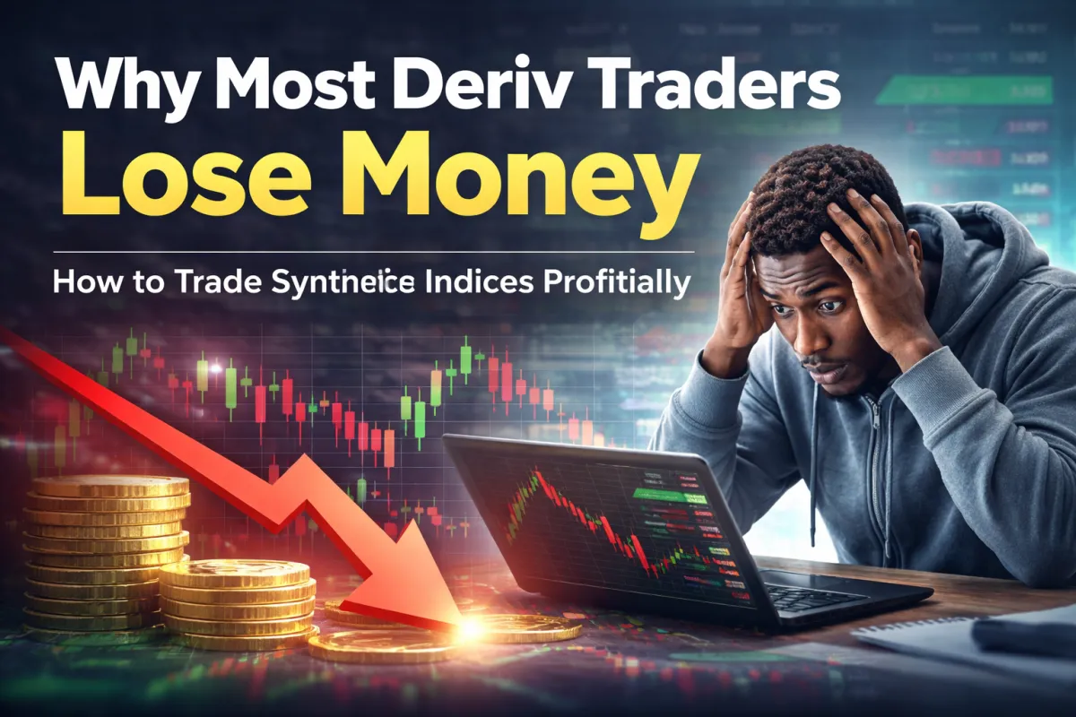 African trader looking stressed at laptop with falling trading chart explaining why many Deriv traders lose money trading synthetic indices