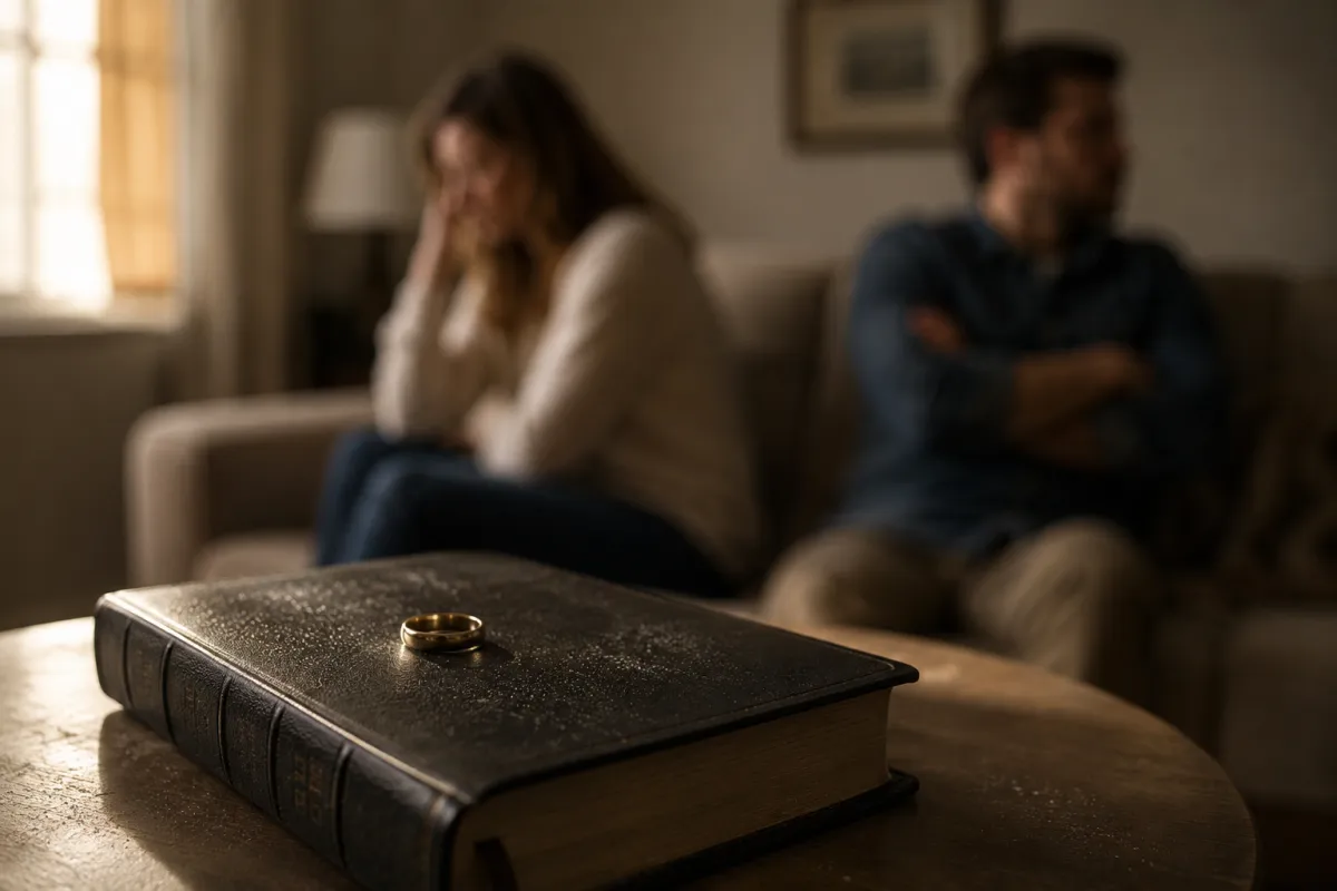 A wedding ring resting on a closed, dusty Bible on a coffee table while a couple sits apart in the background, symbolizing a Christian label without practiced faith.