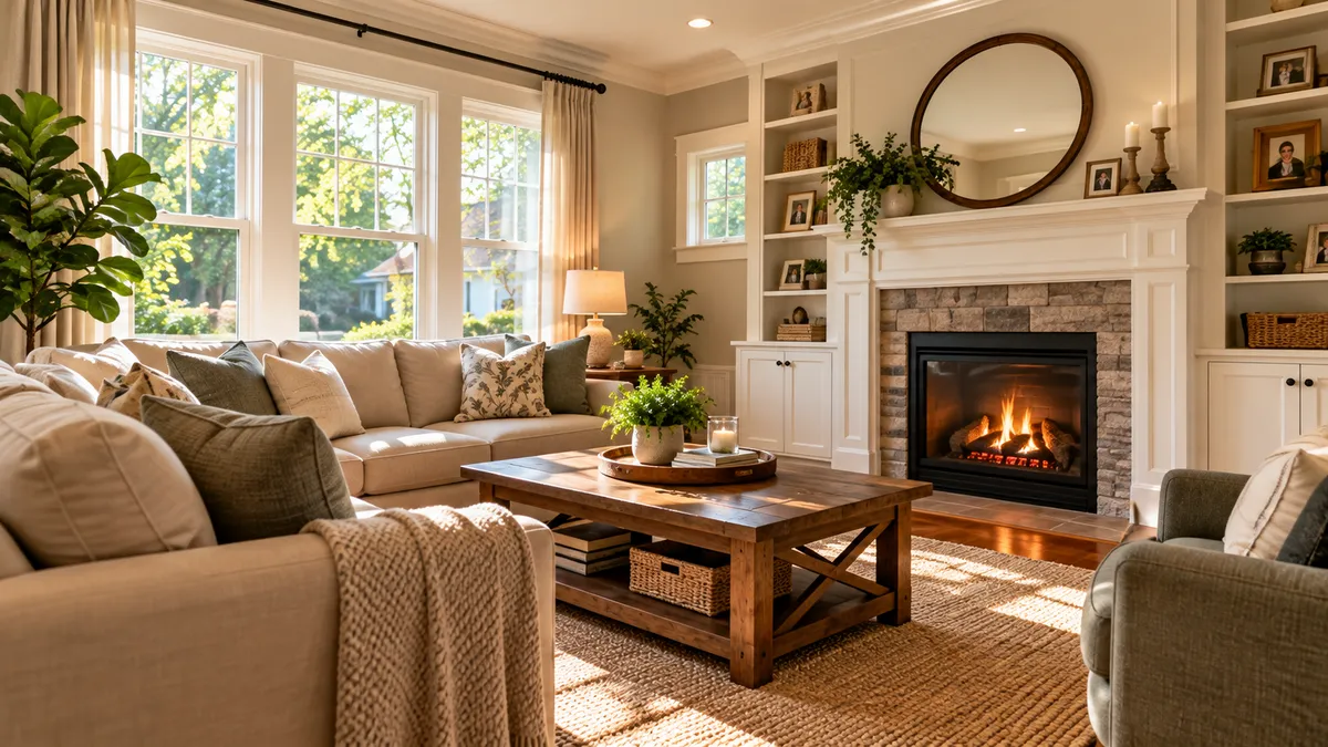 Comfortable, sunlit living room with fireplace, representing the peace of mind and home protection offered by the WorryFree Protocol.
