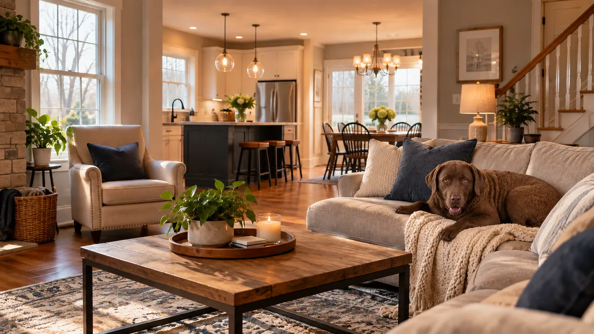 Comfortable living room with a dog resting on the sofa, illustrating the peace of mind of a well-maintained home.