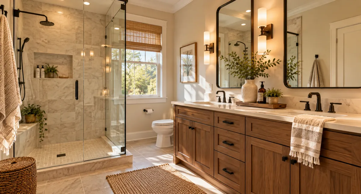 Modern bathroom with glass-enclosed shower, double-sink vanity, and wood cabinets