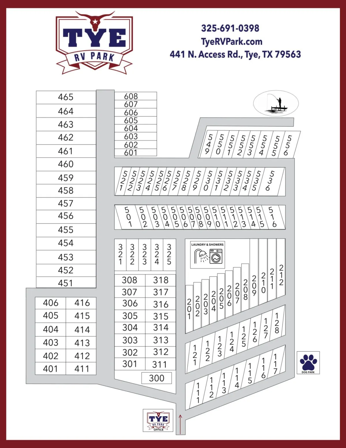 Illustrated park map of Possum Kingdom RV Resort showing RV sites, marina and amenities