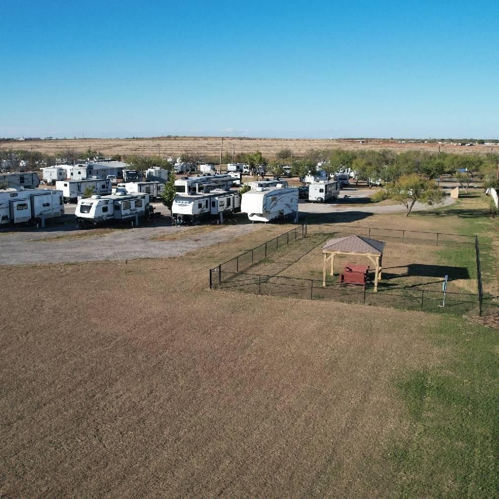 Aerial view of Possum Kingdom RV Resort showing RV sites along Possum Kingdom Lake