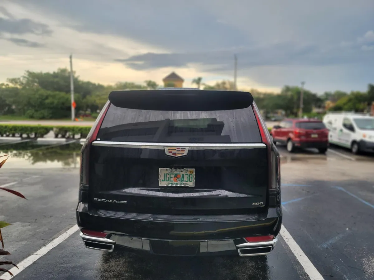 A black limousine glistens with raindrops.