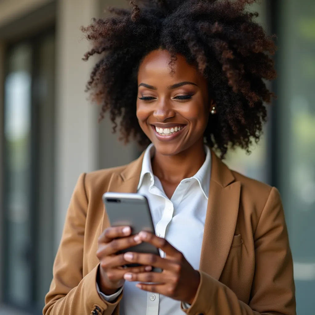 Business owner happily using a mobile app that streamlines business operations