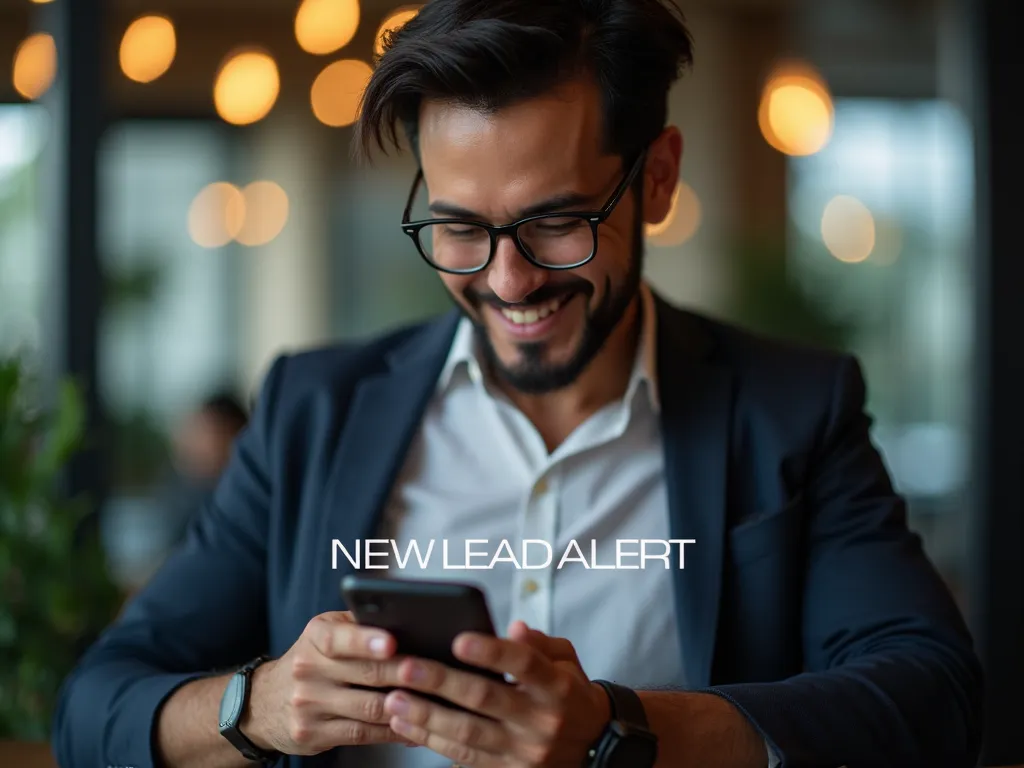 Business owner viewing a mobile app analytics screen with increased leads and revenue